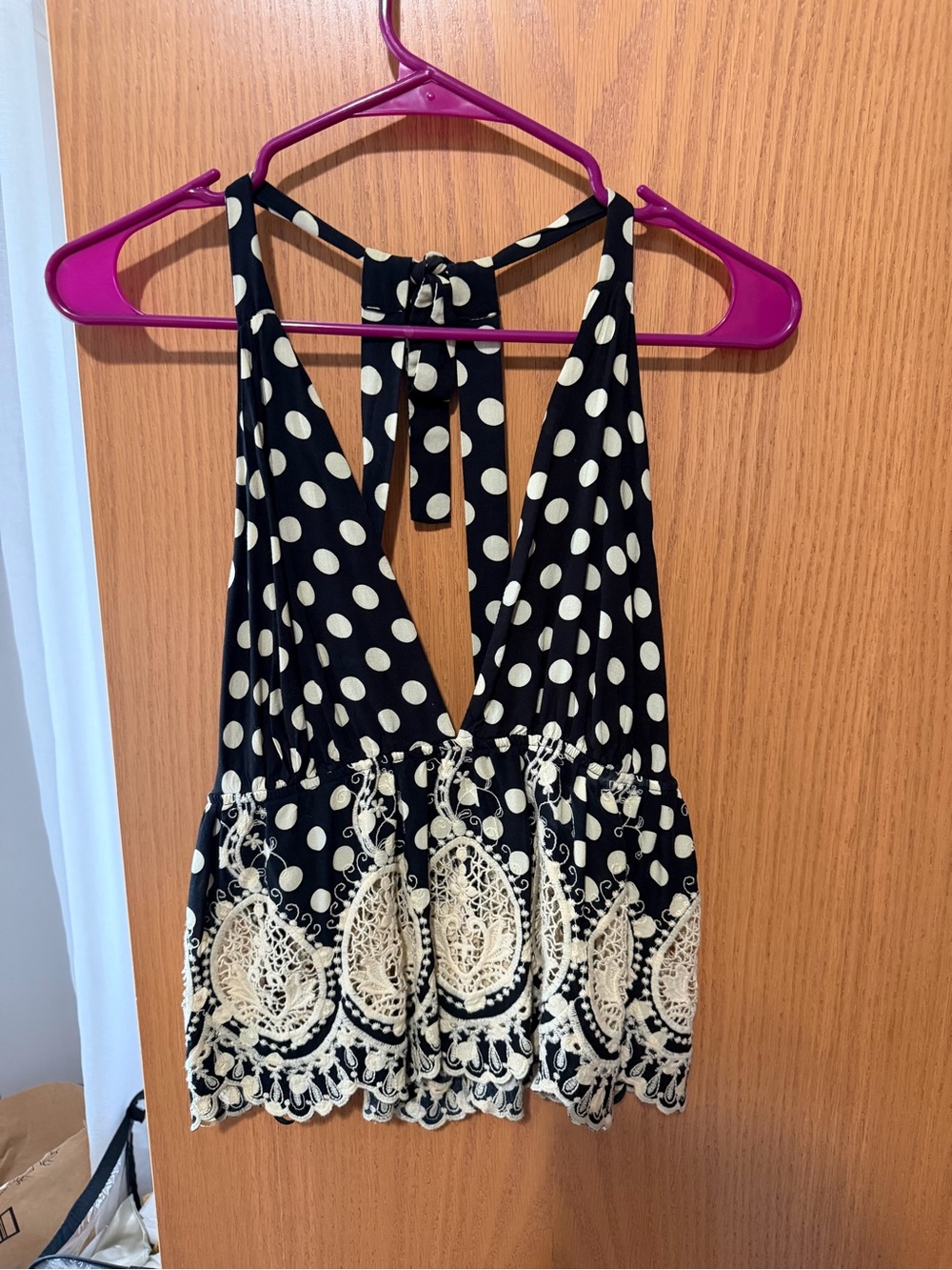Women’s Black & Cream Polka Dot Halter Top with Lace Trim